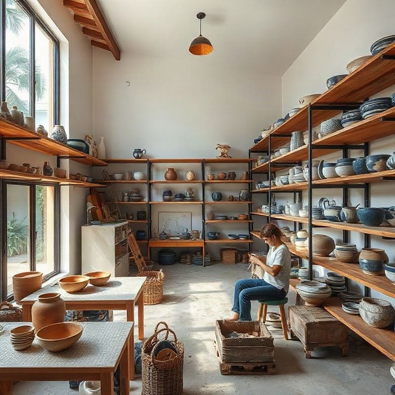 Interior do estúdio Potterytrailz em Florianópolis com dois ceramistas trabalhando e prateleiras de peças esmaltadas